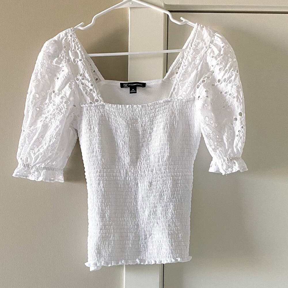 INC International Concepts White Smocked Eyelet Sleeves Blouse Size S Romantic